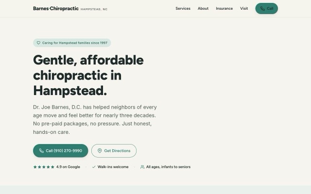 Barnes Chiropractic demo homepage, clean light layout with a green call button and directions