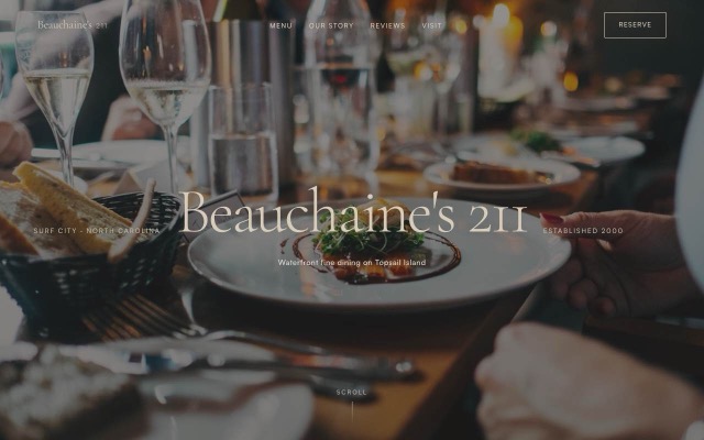 Beauchaine’s 211 demo homepage, candlelit fine-dining photography with an elegant serif wordmark
