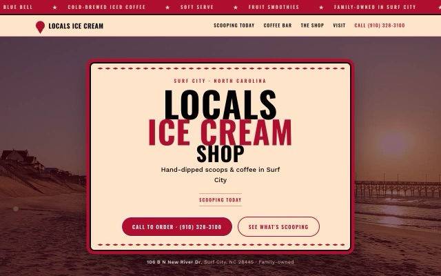 Locals Ice Cream demo homepage, retro red-and-cream marquee over a beach sunset