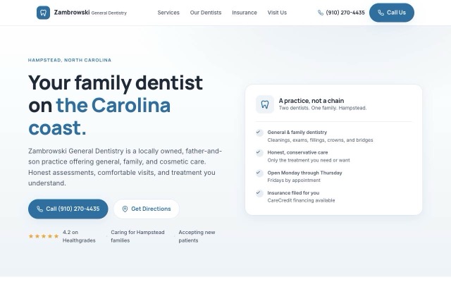 Zambrowski Dentistry demo homepage, light blue family-dentistry layout with a call button